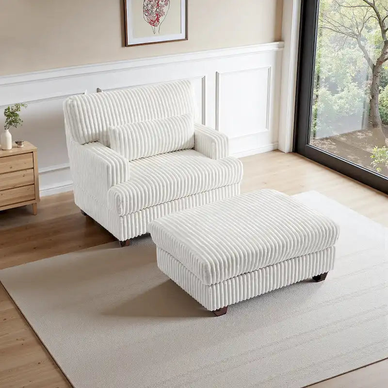 Wide Ribbed Corduroy Upholstered Accent Armchair Cushioned Seat Wooden Legs
