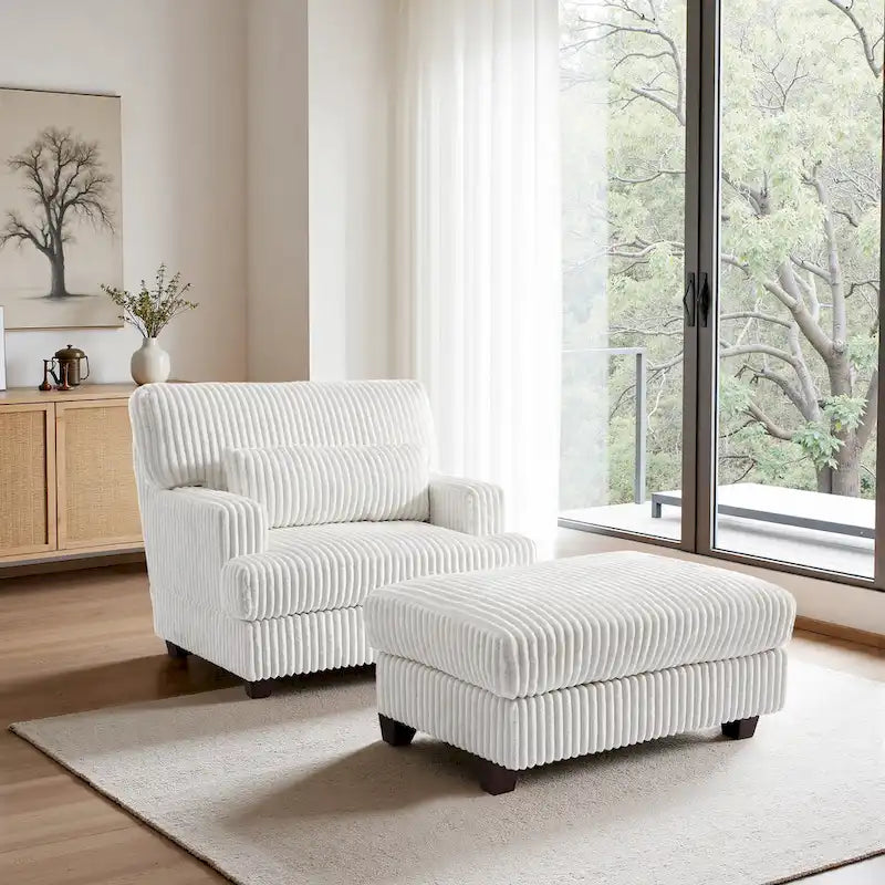 Wide Ribbed Corduroy Upholstered Accent Armchair Cushioned Seat Wooden Legs