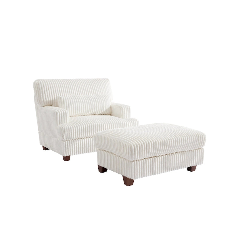 Wide Ribbed Corduroy Upholstered Accent Armchair Cushioned Seat Wooden Legs