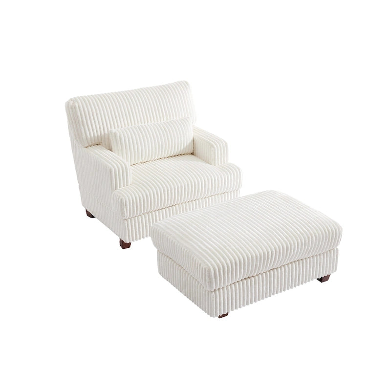 Wide Ribbed Corduroy Upholstered Accent Armchair Cushioned Seat Wooden Legs