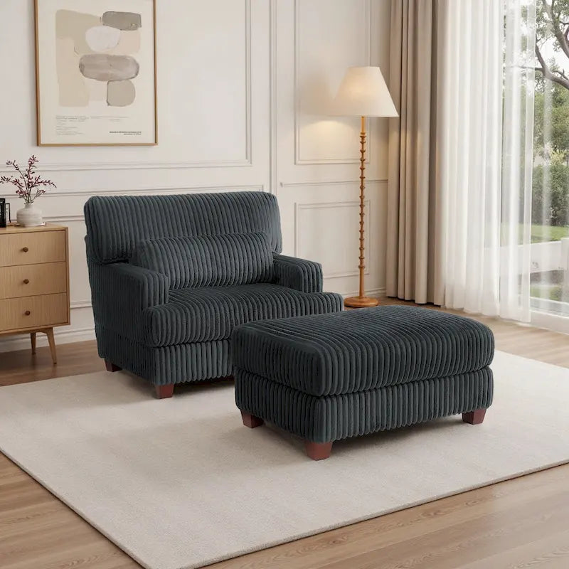 Wide Ribbed Corduroy Upholstered Accent Armchair Cushioned Seat Wooden Legs