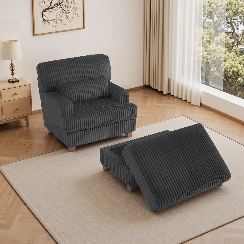 Wide Ribbed Corduroy Upholstered Accent Armchair Cushioned Seat Wooden Legs