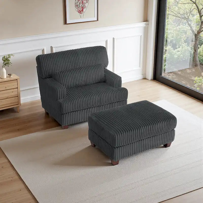 Wide Ribbed Corduroy Upholstered Accent Armchair Cushioned Seat Wooden Legs