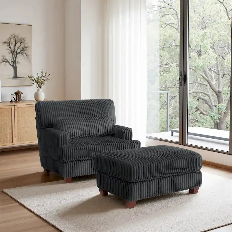 Wide Ribbed Corduroy Upholstered Accent Armchair Cushioned Seat Wooden Legs
