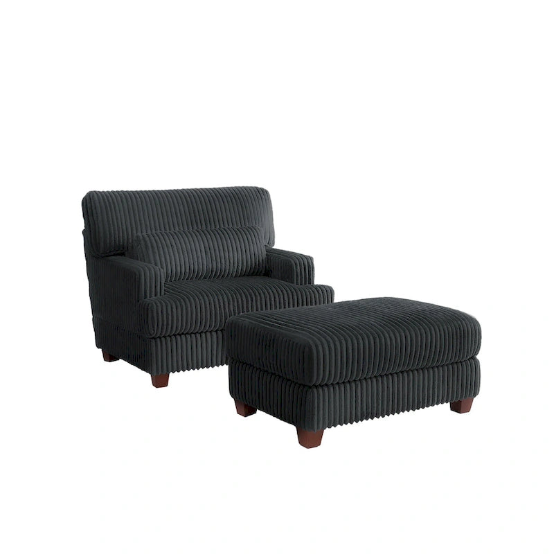 Wide Ribbed Corduroy Upholstered Accent Armchair Cushioned Seat Wooden Legs