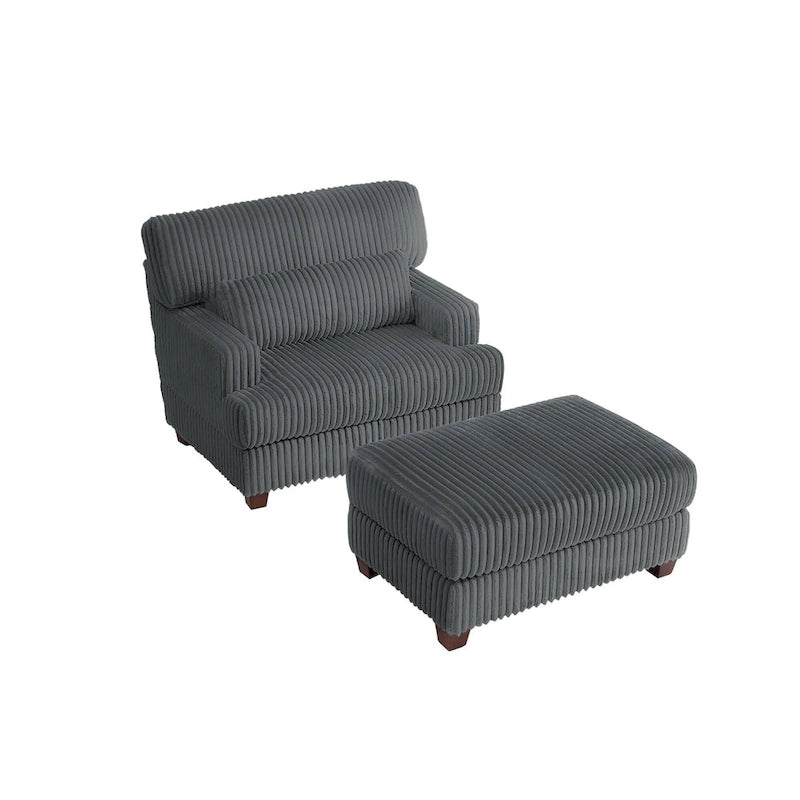 Wide Ribbed Corduroy Upholstered Accent Armchair Cushioned Seat Wooden Legs