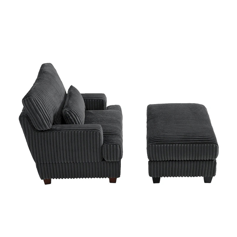 Wide Ribbed Corduroy Upholstered Accent Armchair Cushioned Seat Wooden Legs
