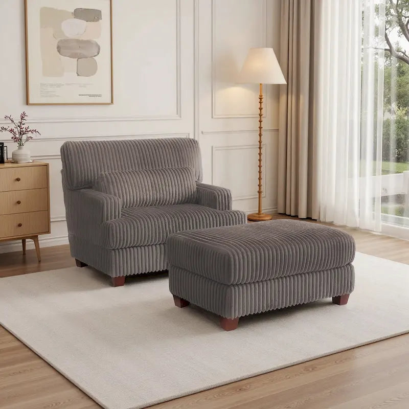 Wide Ribbed Corduroy Upholstered Accent Armchair Cushioned Seat Wooden Legs