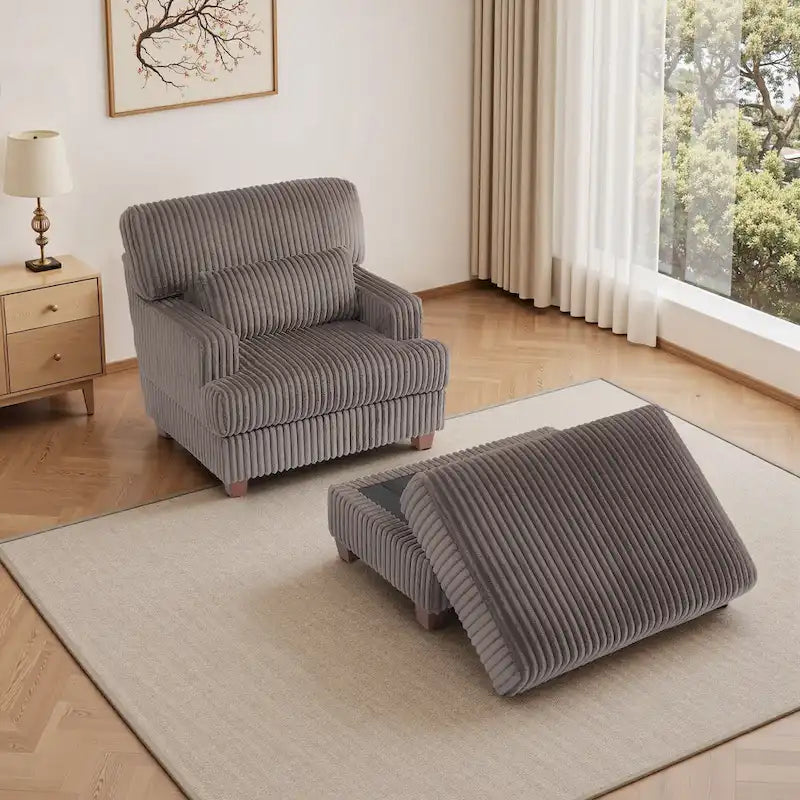 Wide Ribbed Corduroy Upholstered Accent Armchair Cushioned Seat Wooden Legs