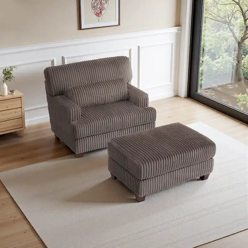 Wide Ribbed Corduroy Upholstered Accent Armchair Cushioned Seat Wooden Legs
