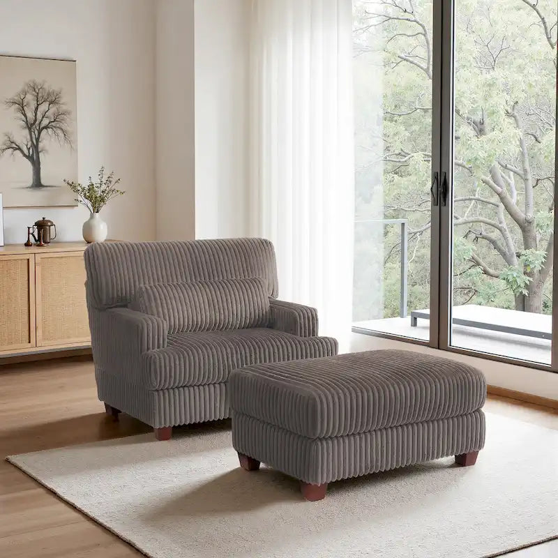 Wide Ribbed Corduroy Upholstered Accent Armchair Cushioned Seat Wooden Legs