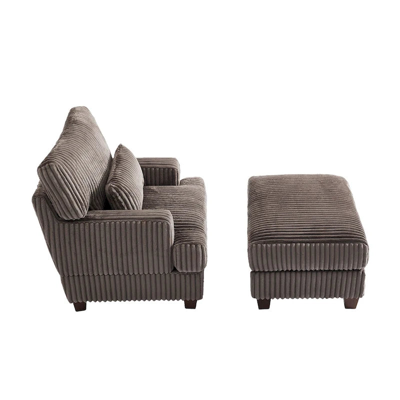 Wide Ribbed Corduroy Upholstered Accent Armchair Cushioned Seat Wooden Legs