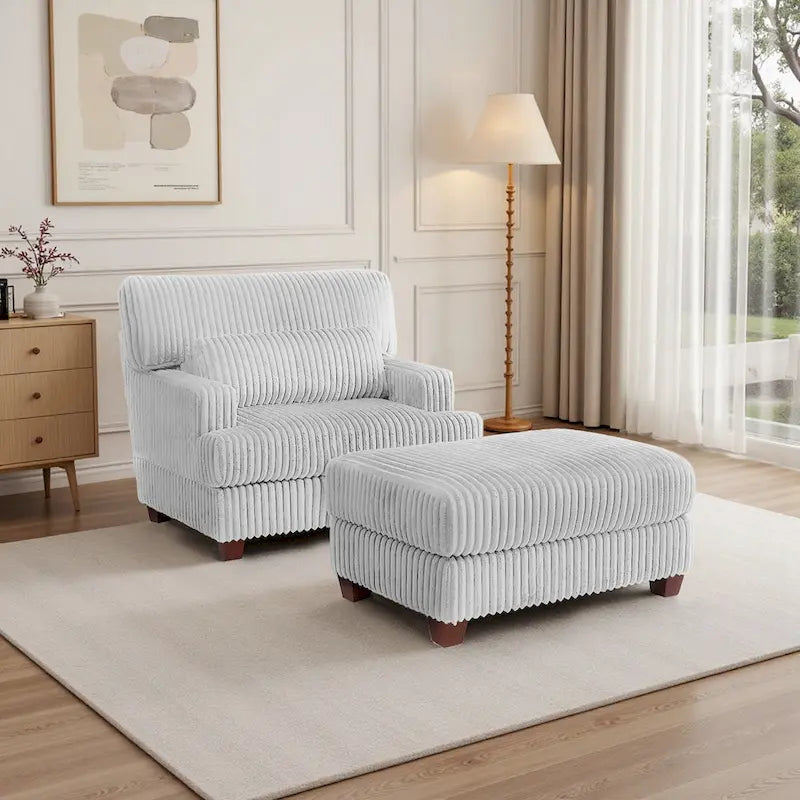 Wide Ribbed Corduroy Upholstered Accent Armchair Cushioned Seat Wooden Legs