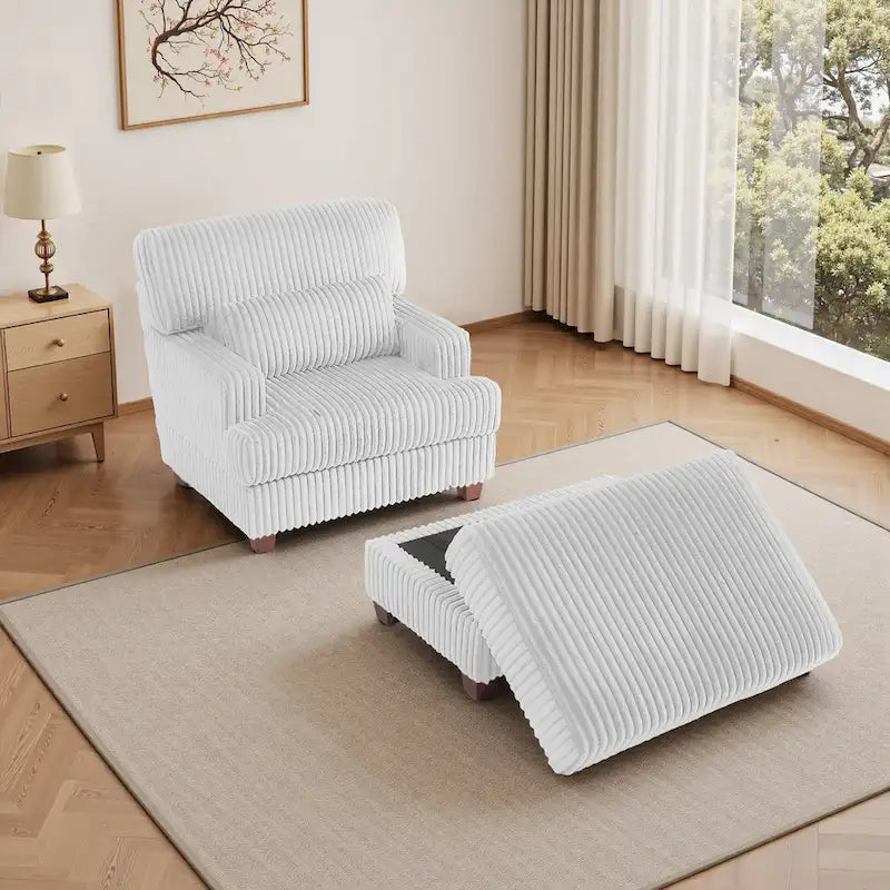 Wide Ribbed Corduroy Upholstered Accent Armchair Cushioned Seat Wooden Legs