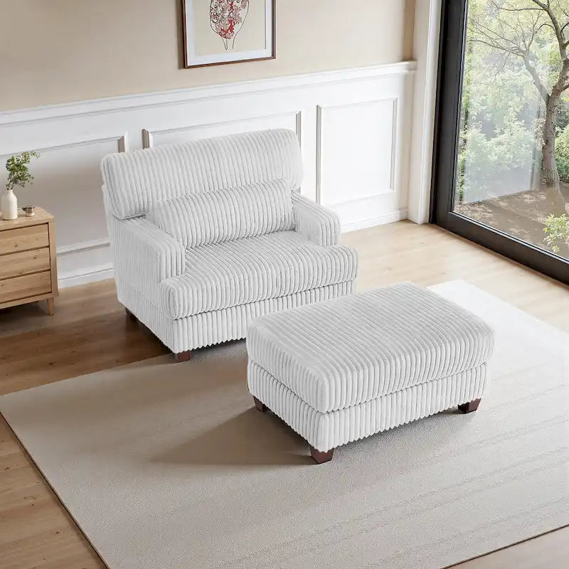 Wide Ribbed Corduroy Upholstered Accent Armchair Cushioned Seat Wooden Legs