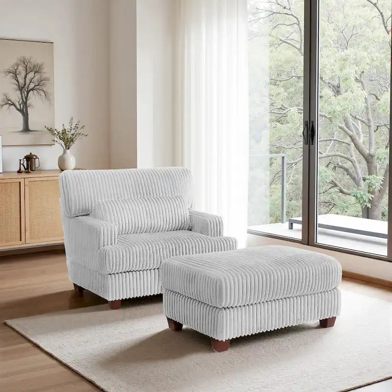Wide Ribbed Corduroy Upholstered Accent Armchair Cushioned Seat Wooden Legs