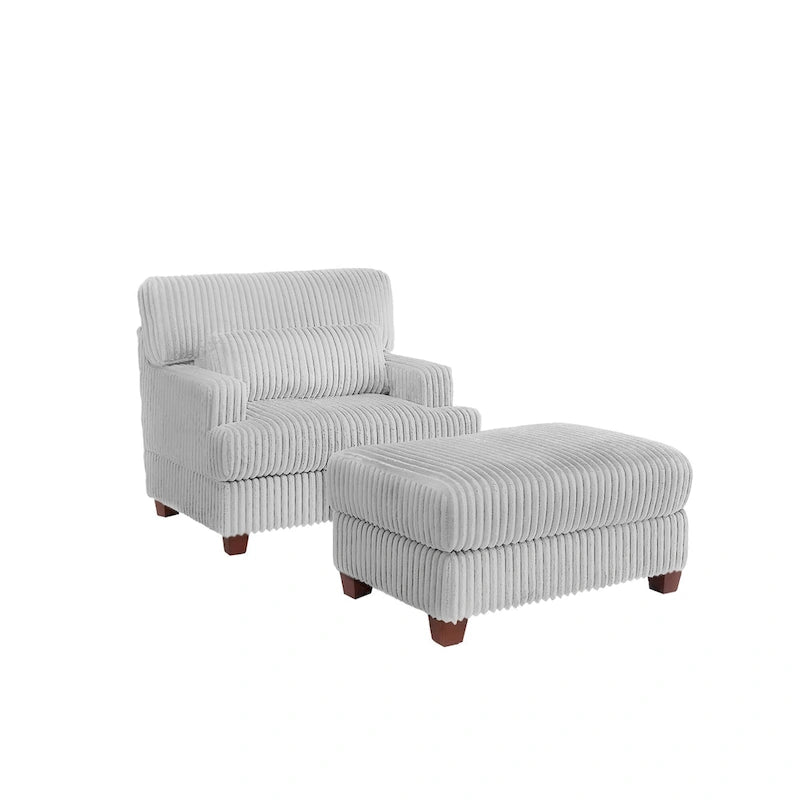 Wide Ribbed Corduroy Upholstered Accent Armchair Cushioned Seat Wooden Legs