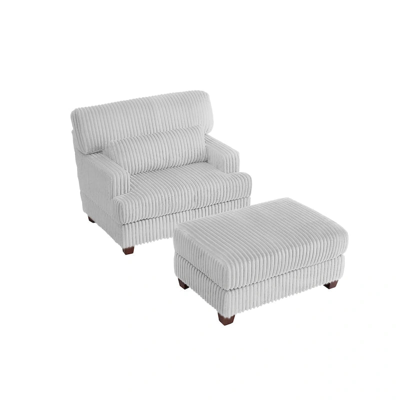 Wide Ribbed Corduroy Upholstered Accent Armchair Cushioned Seat Wooden Legs