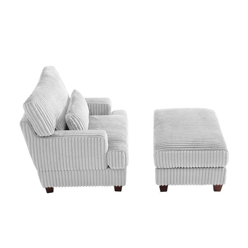 Wide Ribbed Corduroy Upholstered Accent Armchair Cushioned Seat Wooden Legs
