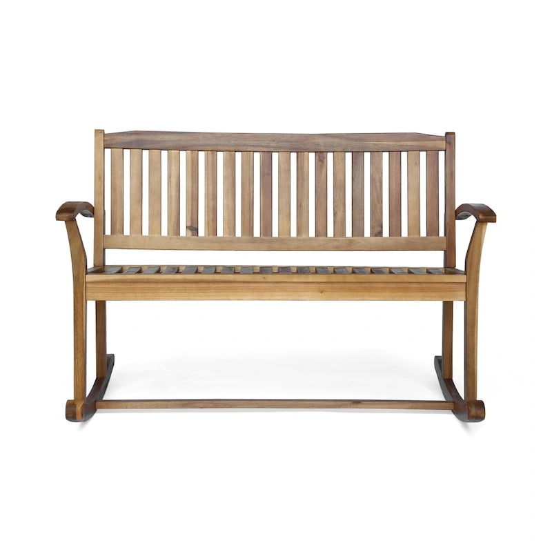 Acacia Wood Rocking Loveseat Natural Stain Dark Grey Farmhouse Outdoor Bench