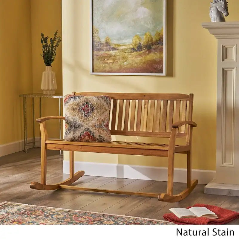 Acacia Wood Rocking Loveseat Natural Stain Dark Grey Farmhouse Outdoor Bench