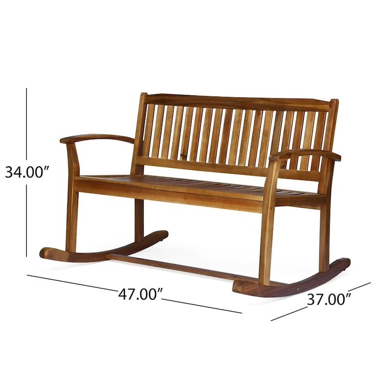 Acacia Wood Rocking Loveseat Natural Stain Dark Grey Farmhouse Outdoor Bench