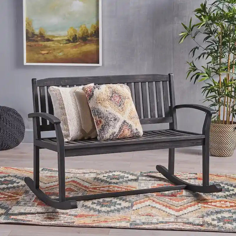 Acacia Wood Rocking Loveseat Natural Stain Dark Grey Farmhouse Outdoor Bench