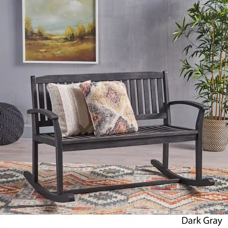 Acacia Wood Rocking Loveseat Natural Stain Dark Grey Farmhouse Outdoor Bench