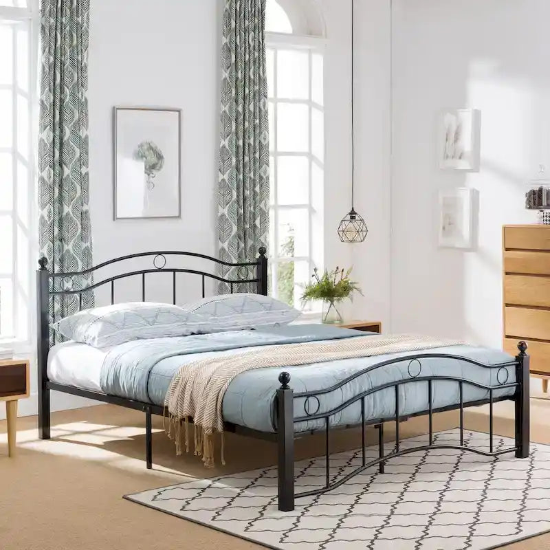 Contemporary Iron Platform Bed Frame with Arched Headboard and Decorative Accents