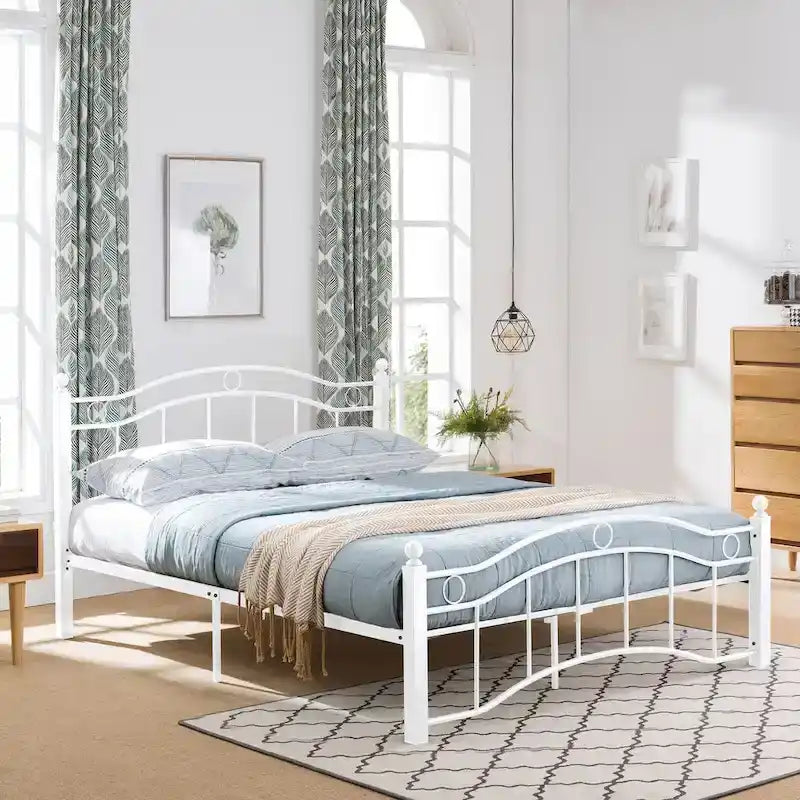 Contemporary Iron Platform Bed Frame with Arched Headboard and Decorative Accents
