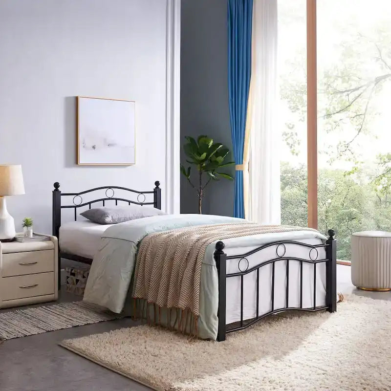 Contemporary Iron Platform Bed Frame with Arched Headboard and Decorative Accents
