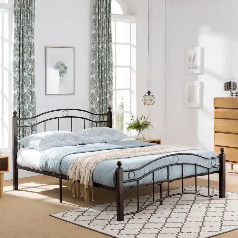 Contemporary Iron Platform Bed Frame with Arched Headboard and Decorative Accents