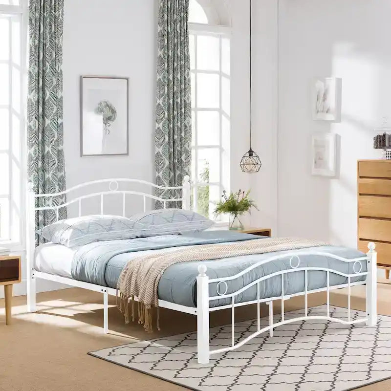 Contemporary Iron Platform Bed Frame with Arched Headboard and Decorative Accents