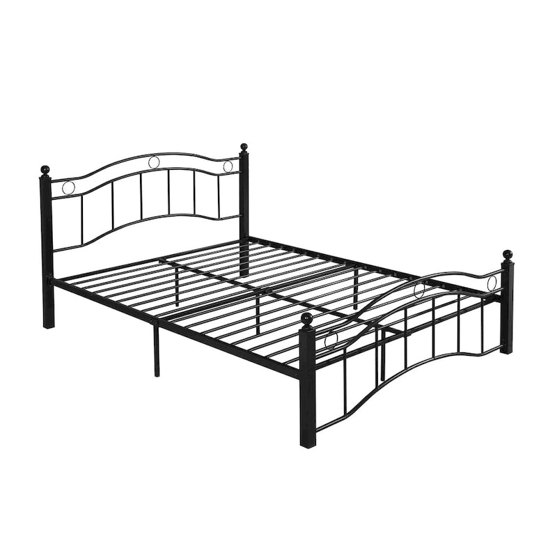 Contemporary Iron Platform Bed Frame with Arched Headboard and Decorative Accents