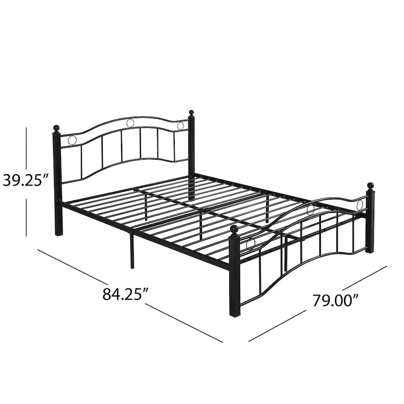 Contemporary Iron Platform Bed Frame with Arched Headboard and Decorative Accents