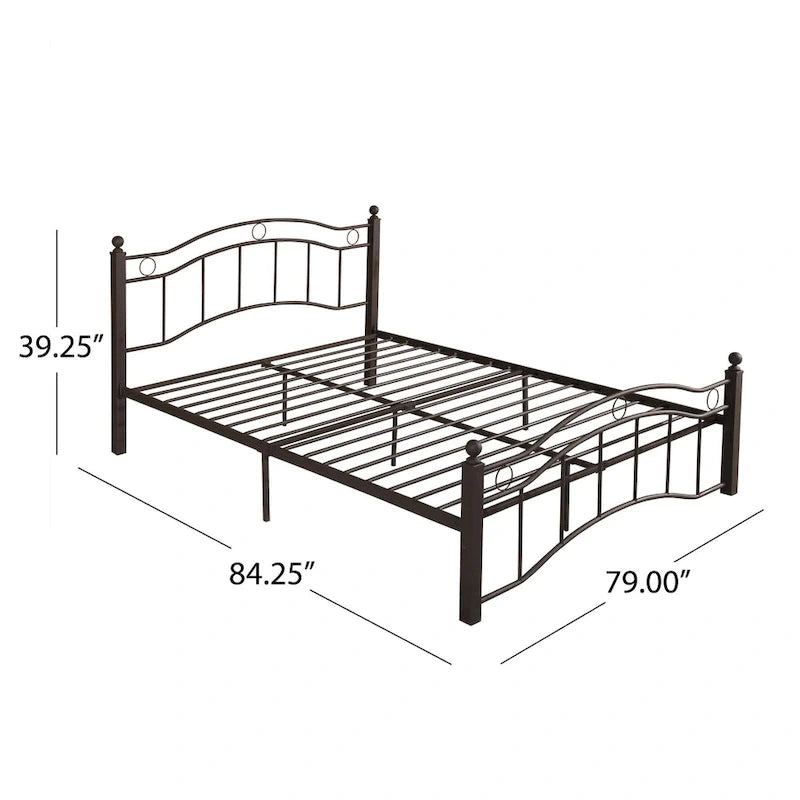 Contemporary Iron Platform Bed Frame with Arched Headboard and Decorative Accents