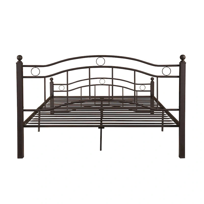 Contemporary Iron Platform Bed Frame with Arched Headboard and Decorative Accents
