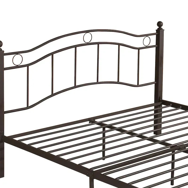 Contemporary Iron Platform Bed Frame with Arched Headboard and Decorative Accents