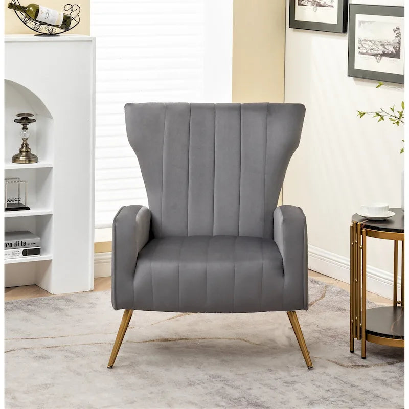 Velvet Channel Tufted High Back Accent Armchair with Gold Metal Legs