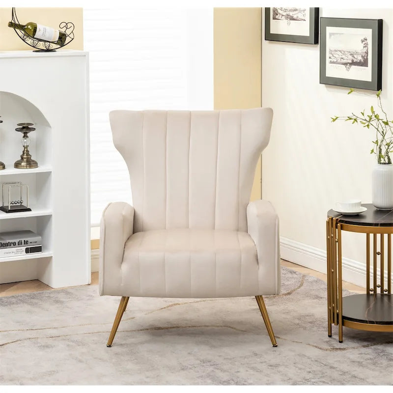 Velvet Channel Tufted High Back Accent Armchair with Gold Metal Legs