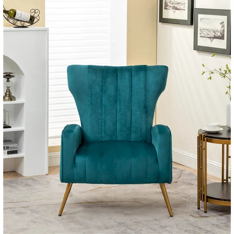 Velvet Channel Tufted High Back Accent Armchair with Gold Metal Legs