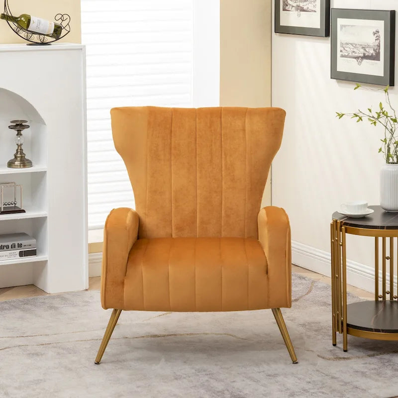 Velvet Channel Tufted High Back Accent Armchair with Gold Metal Legs
