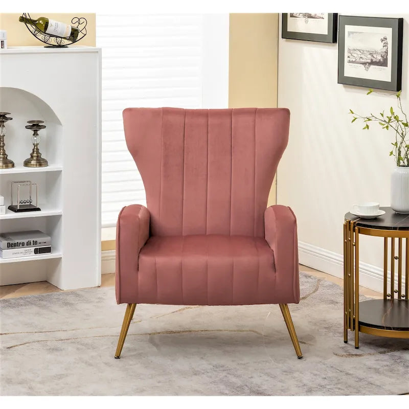 Velvet Channel Tufted High Back Accent Armchair with Gold Metal Legs