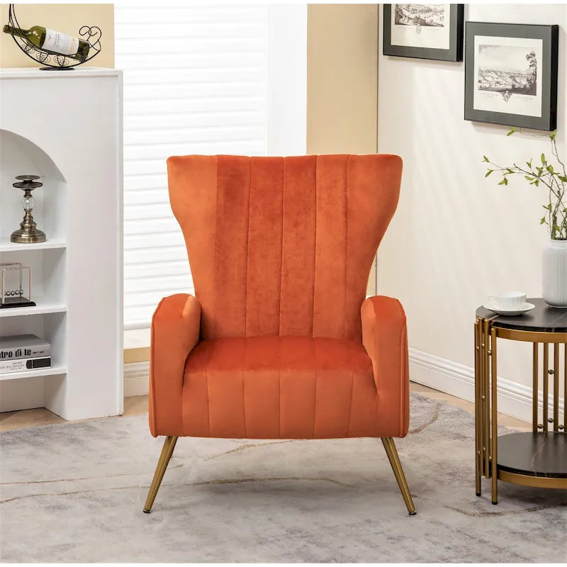 Velvet Channel Tufted High Back Accent Armchair with Gold Metal Legs