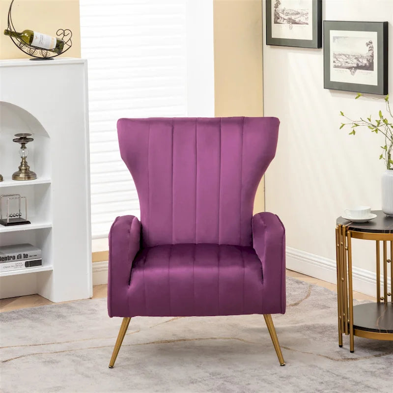 Velvet Channel Tufted High Back Accent Armchair with Gold Metal Legs