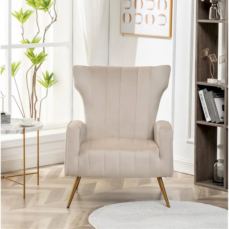 Velvet Channel Tufted High Back Accent Armchair with Gold Metal Legs