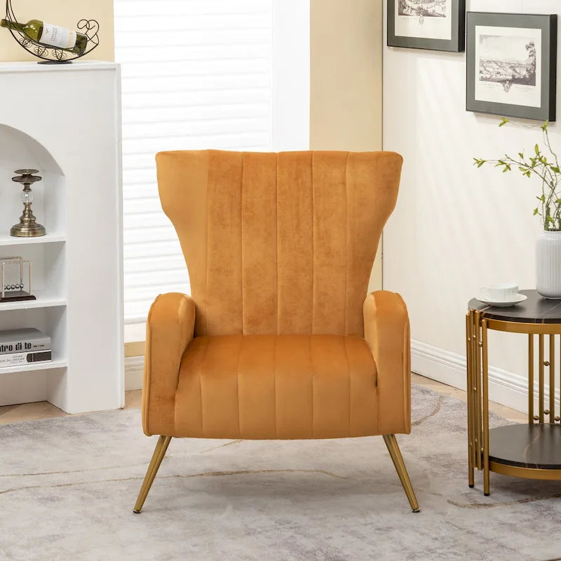 Velvet Channel Tufted High Back Accent Armchair with Gold Metal Legs