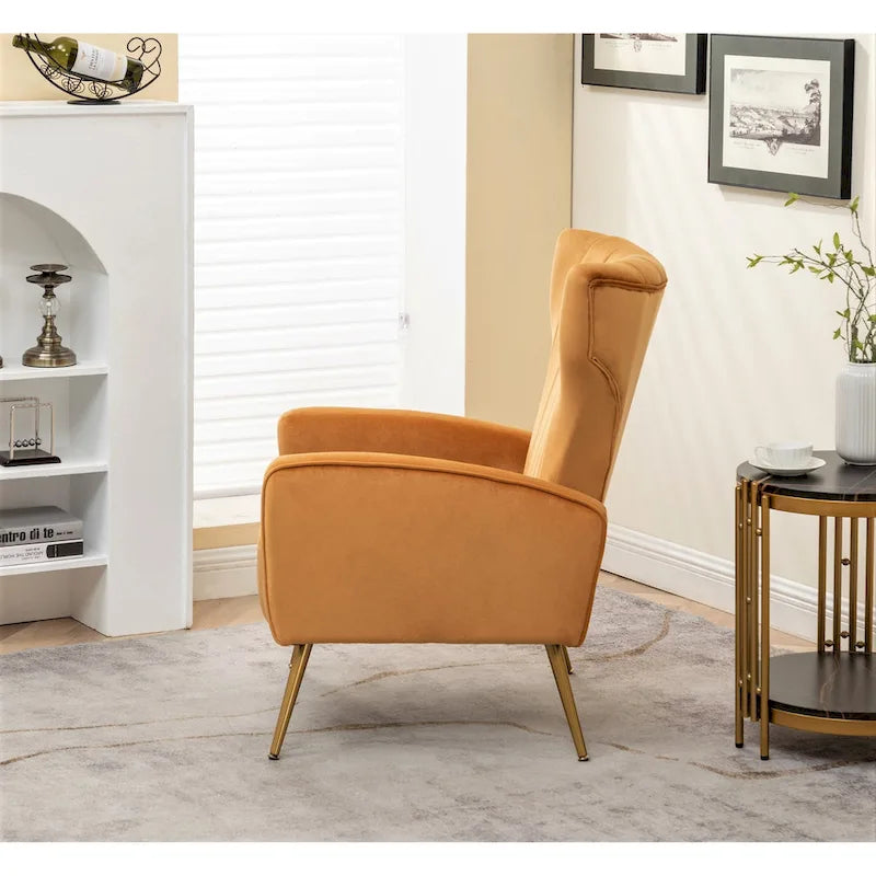 Velvet Channel Tufted High Back Accent Armchair with Gold Metal Legs