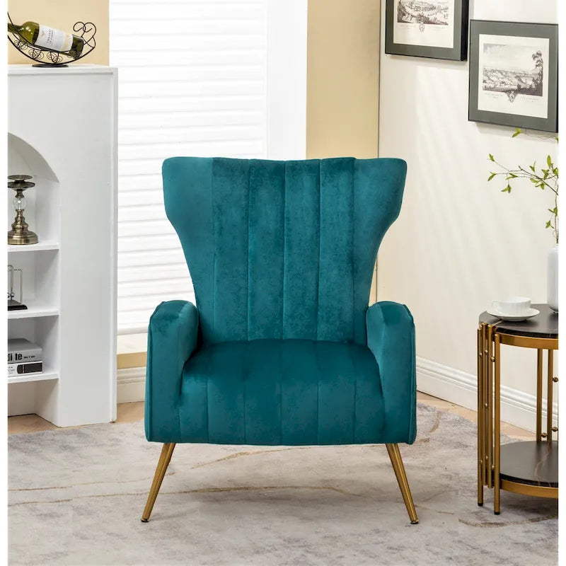 Velvet Channel Tufted High Back Accent Armchair with Gold Metal Legs