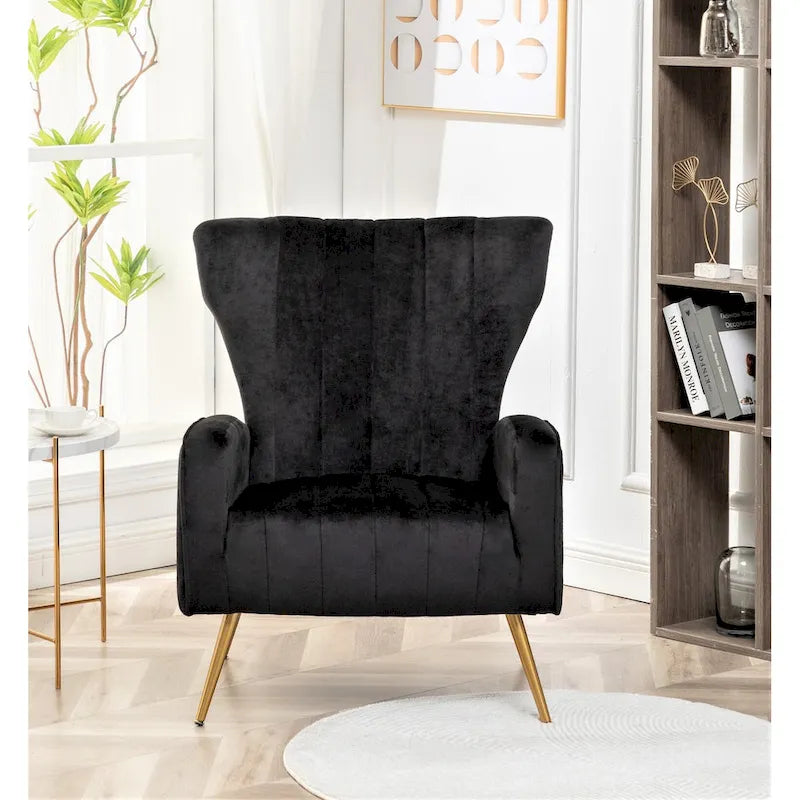 Velvet Channel Tufted High Back Accent Armchair with Gold Metal Legs